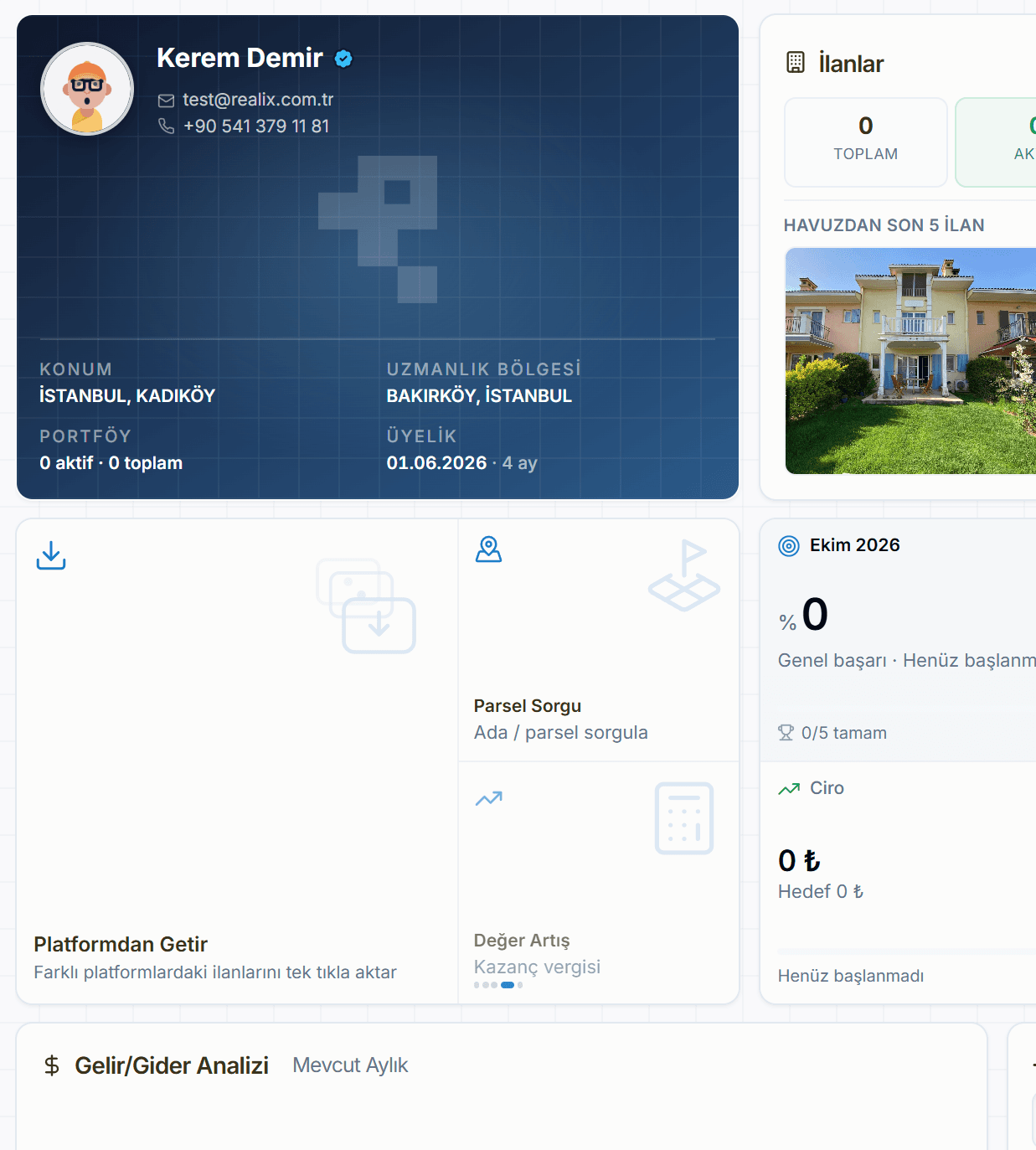 Realix gösterge paneli — profil kartı, ilanlar ve aylık hedefler